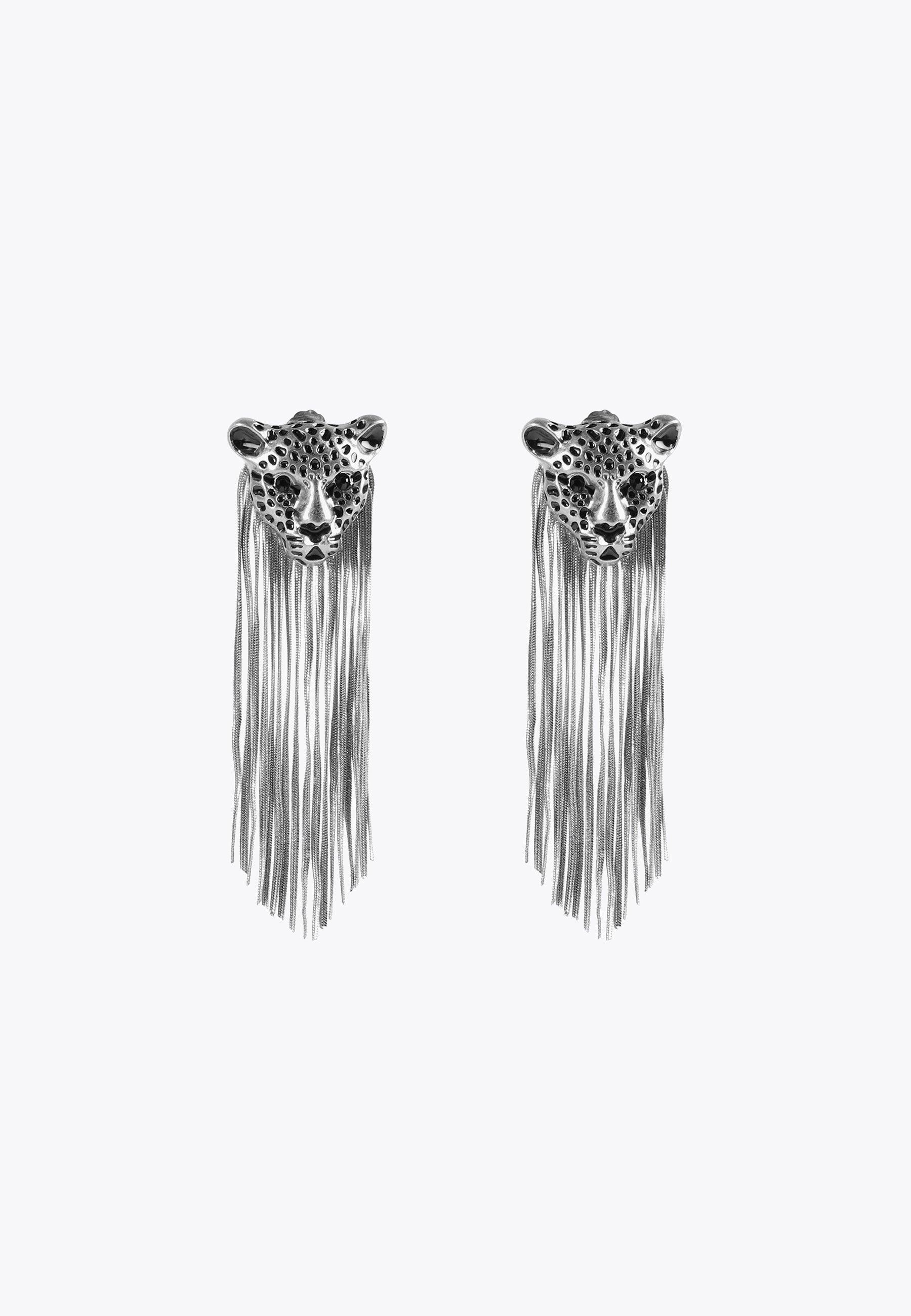 LS2403004-Silver-Leopard earrings with fringing