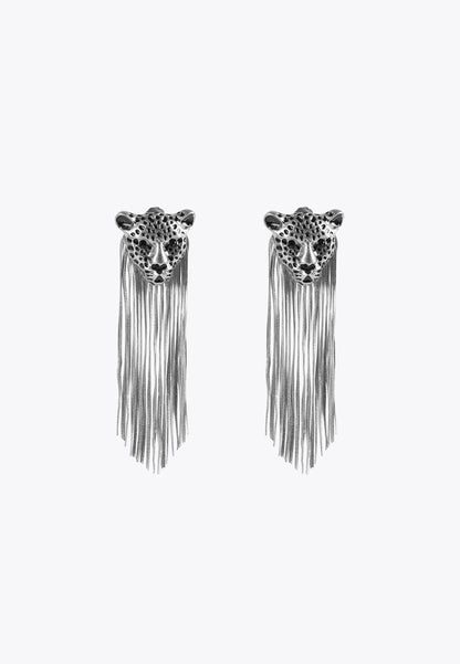 LS2403004-Silver-Leopard earrings with fringing