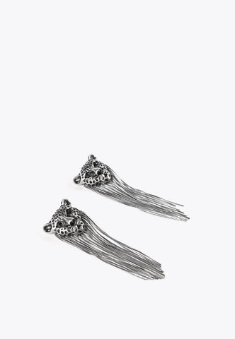 LS2403004-Silver-Leopard earrings with fringing