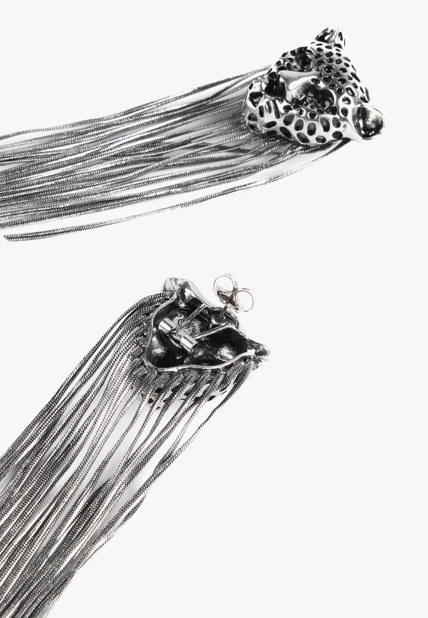 LS2403004-Silver-Leopard earrings with fringing