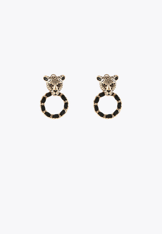 LS2403006-Gold-Leopard face and hoop earrings
