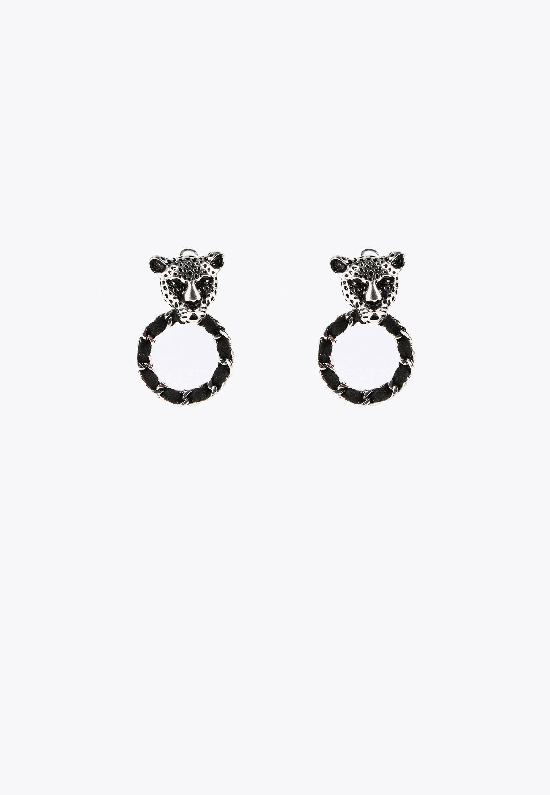 LS2403006-Silver-Leopard face and hoop earrings
