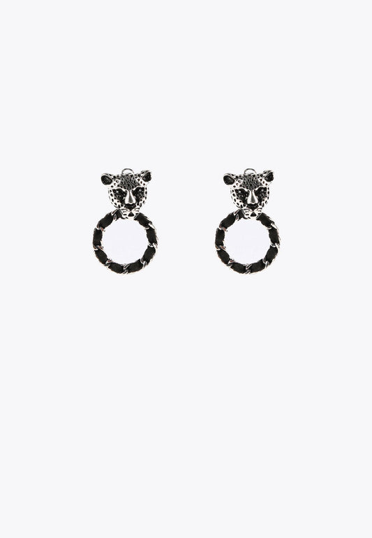 LS2403006-Silver-Leopard face and hoop earrings