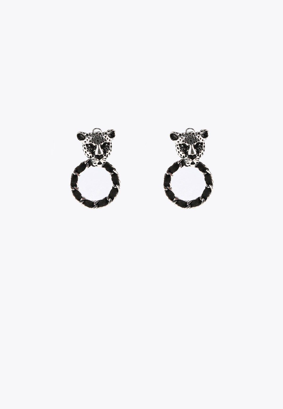 LS2403006-Silver-Leopard face and hoop earrings