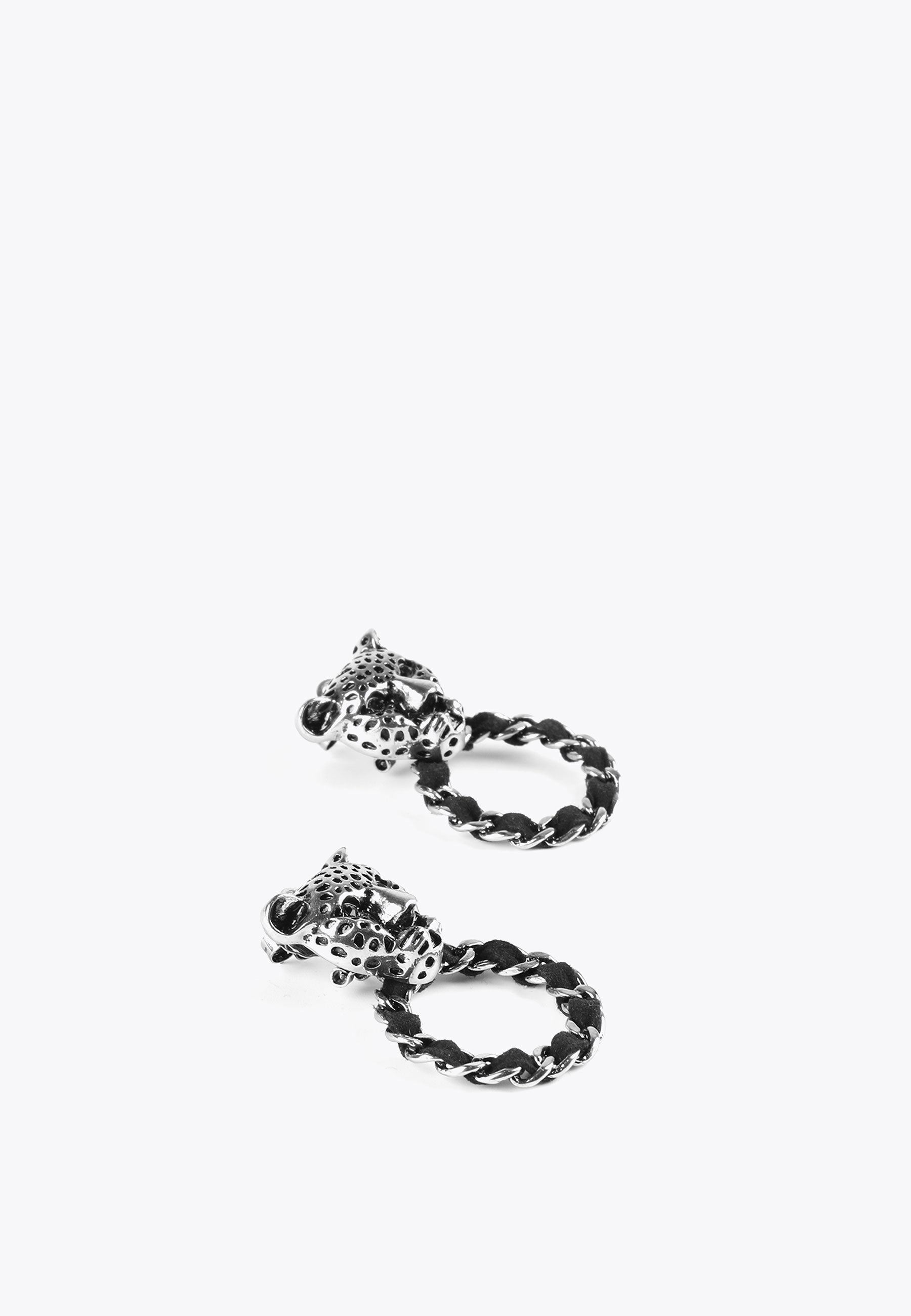 LS2403006-Silver-Leopard face and hoop earrings