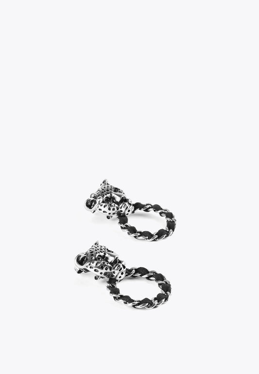 LS2403006-Silver-Leopard face and hoop earrings