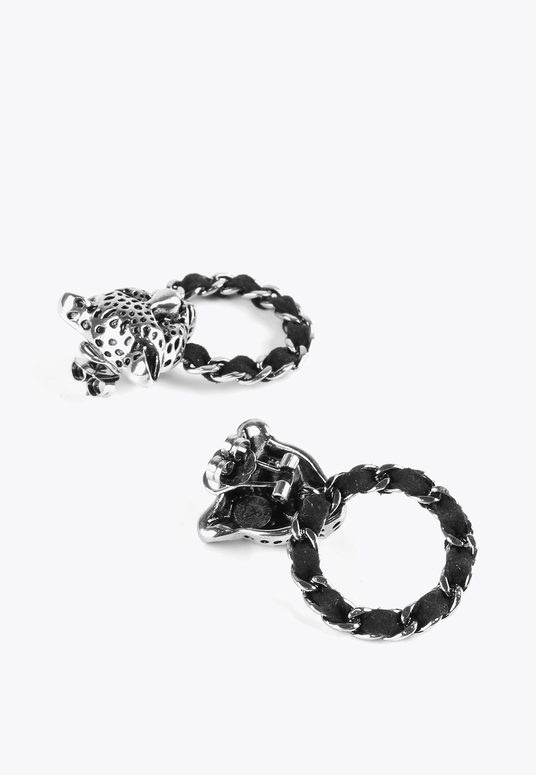 LS2403006-Silver-Leopard face and hoop earrings