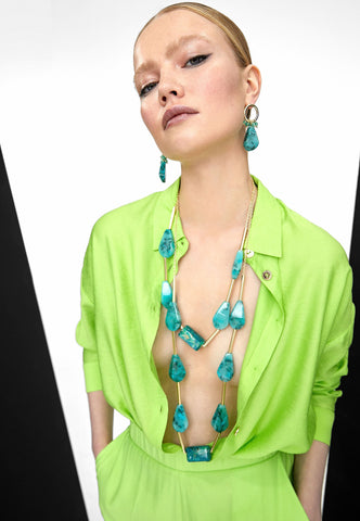 LS2403058-Turquoise-Turquoise double-chain necklace