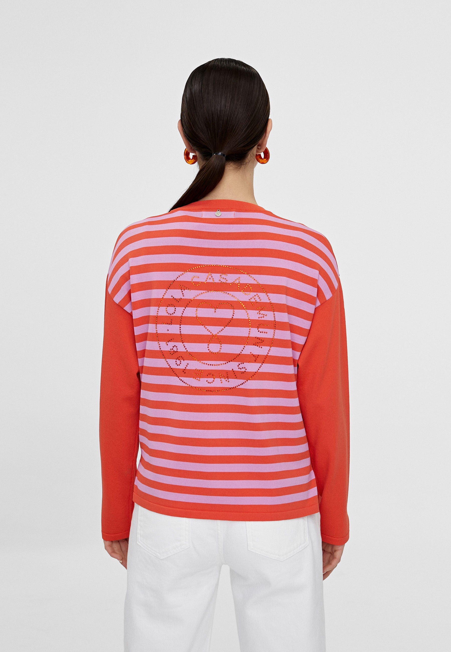 LS2411003-Red-Pink-Two-tone striped knit cardigan