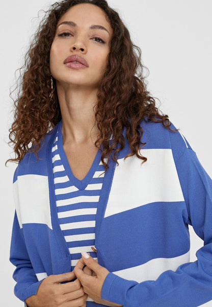 LS2411003-Blue-White-Two-tone striped knit cardigan