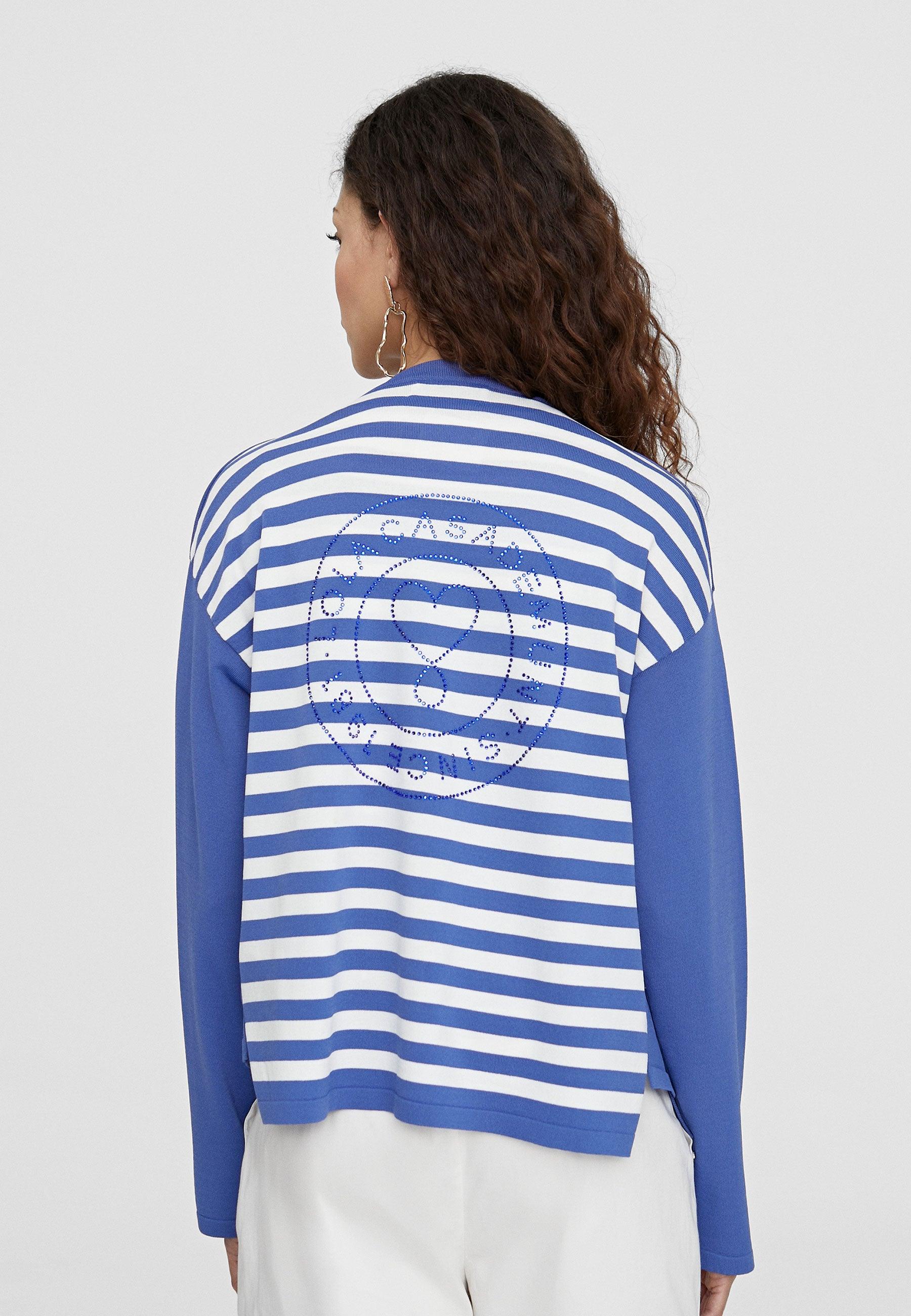 LS2411003-Blue-White-Two-tone striped knit cardigan