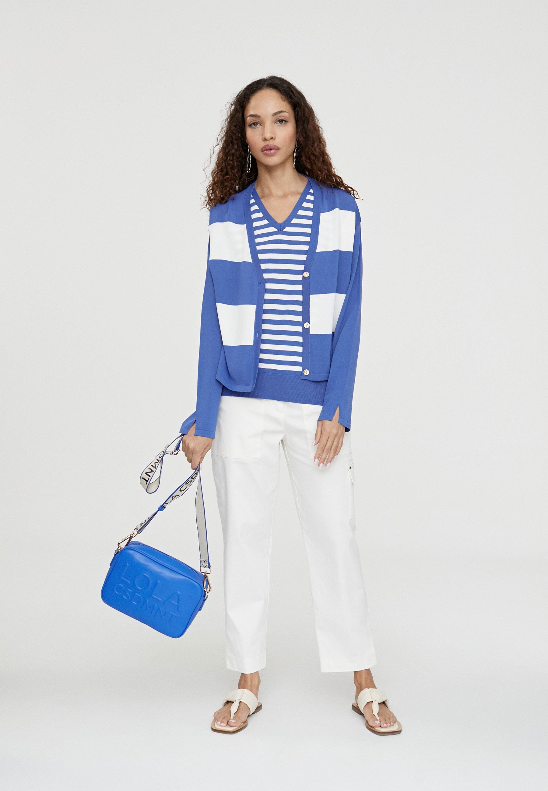 LS2411003-Blue-White-Two-tone striped knit cardigan
