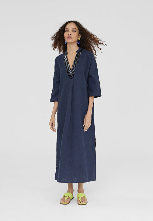 LS2416023-Navy-Half sleeve midi caftan