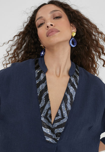 LS2416023-Navy-Half sleeve midi caftan