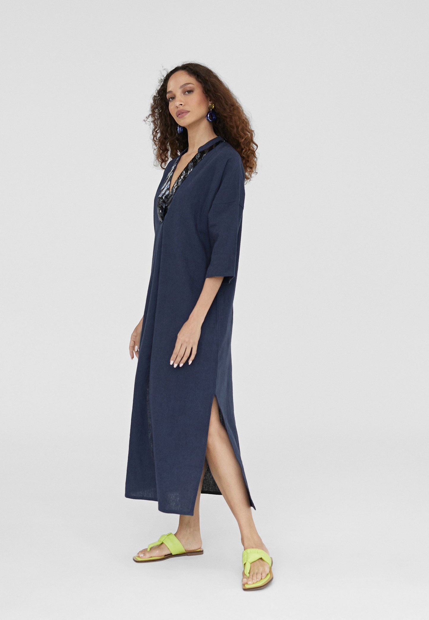 LS2416023-Navy-Half sleeve midi caftan