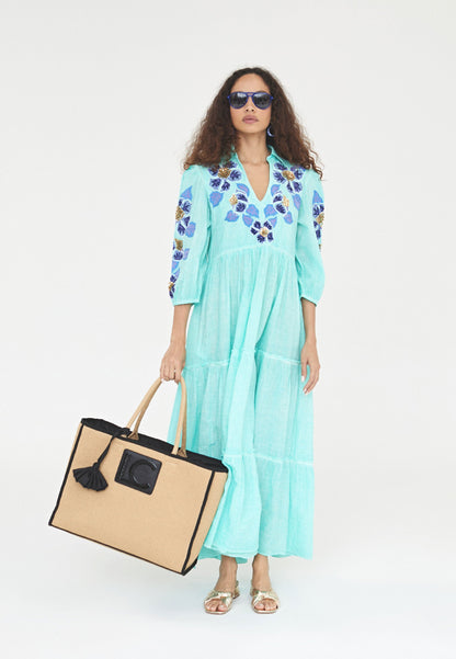 LS2416026-Turquoise-Long embroidered caftan