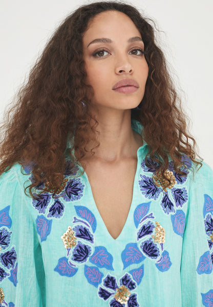 LS2416026-Turquoise-Long embroidered caftan