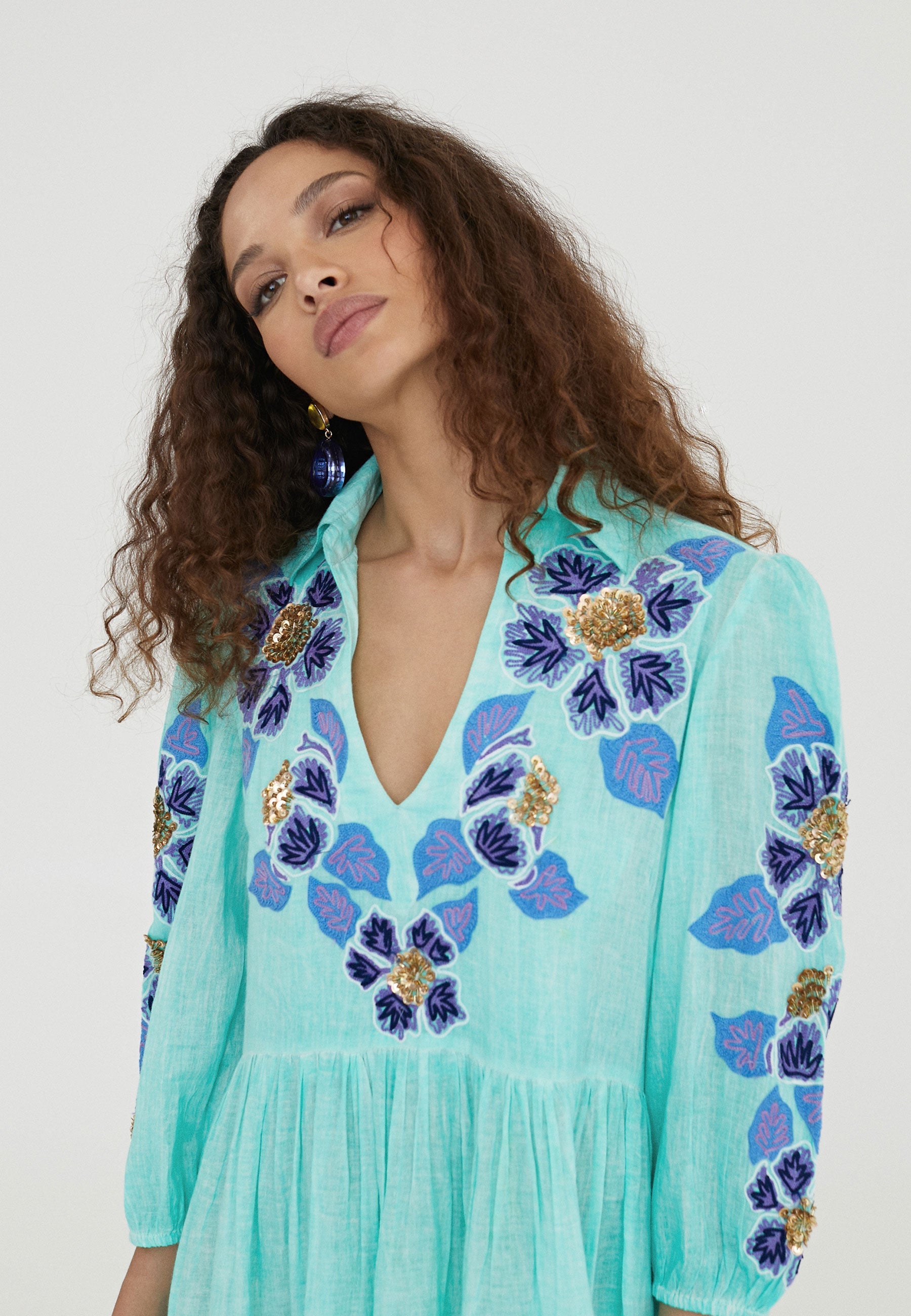 LS2416026-Turquoise-Long embroidered caftan
