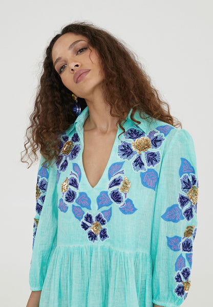 LS2416026-Turquoise-Long embroidered caftan