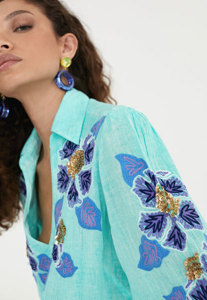 LS2416026-Turquoise-Long embroidered caftan