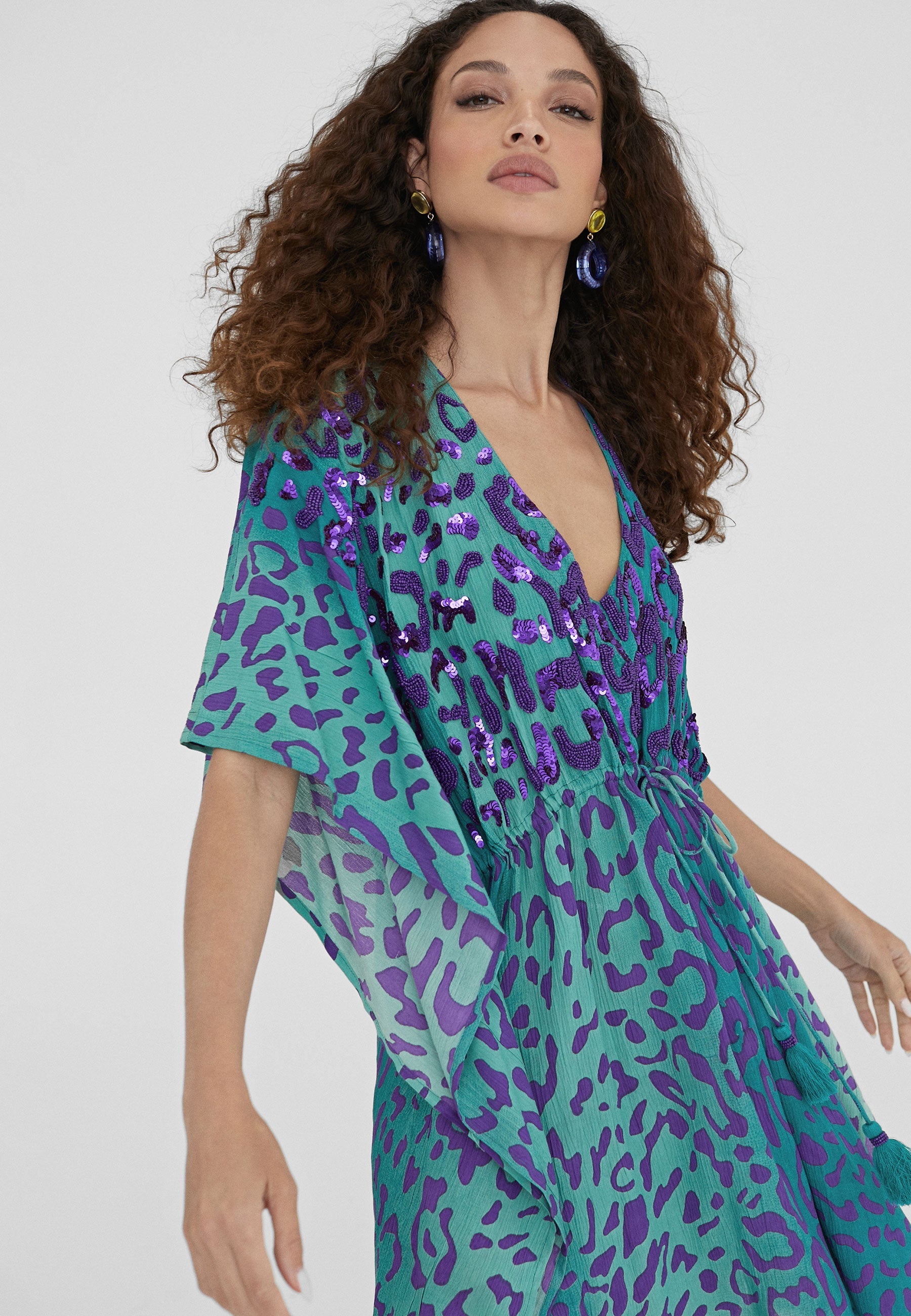 LS2416038-Turquoise-Short animal print caftan