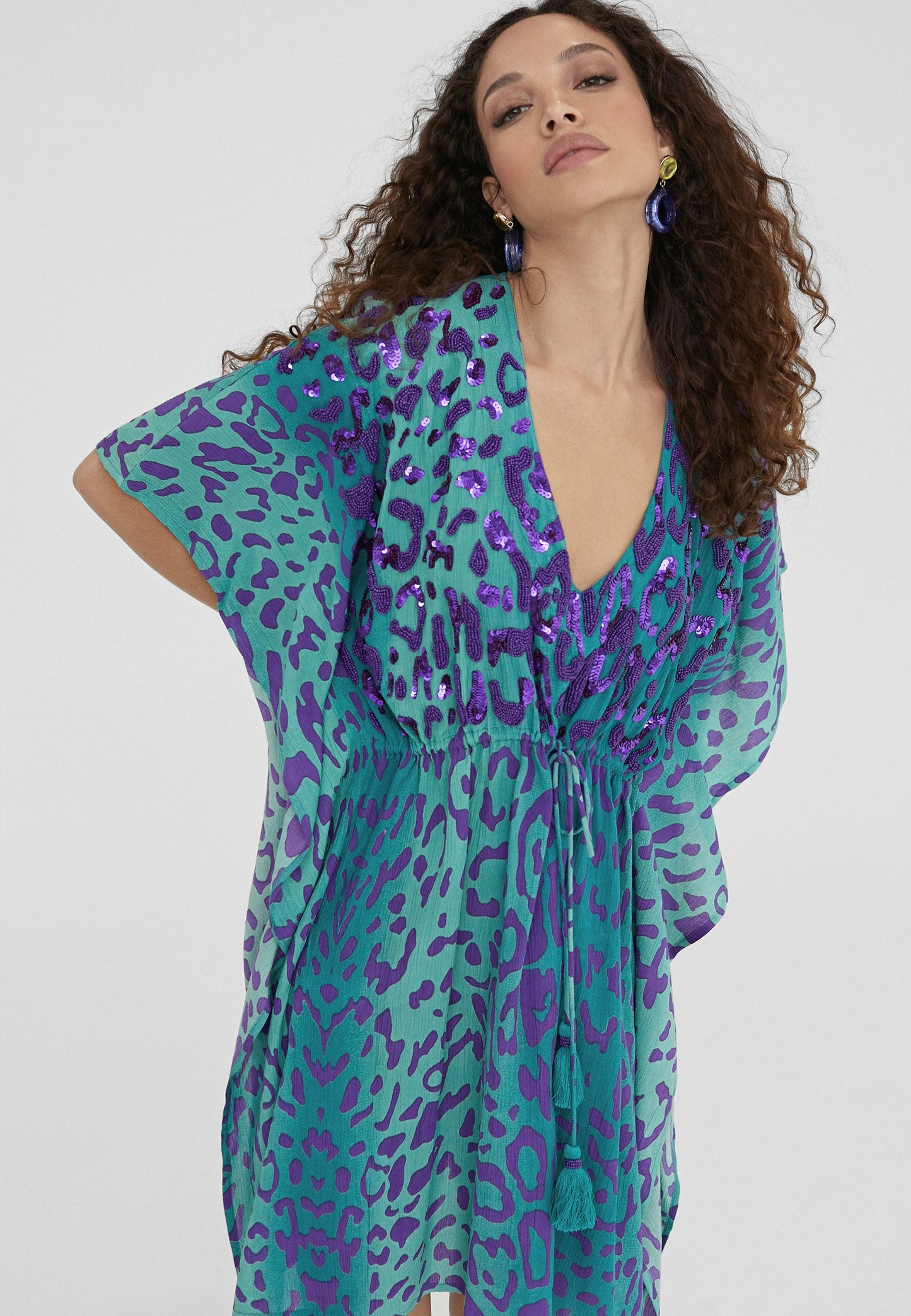 LS2416038-Turquoise-Short animal print caftan
