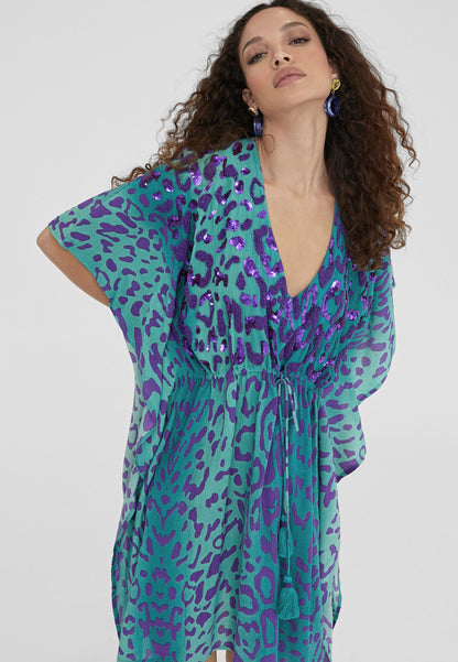 LS2416038-Turquoise-Short animal print caftan
