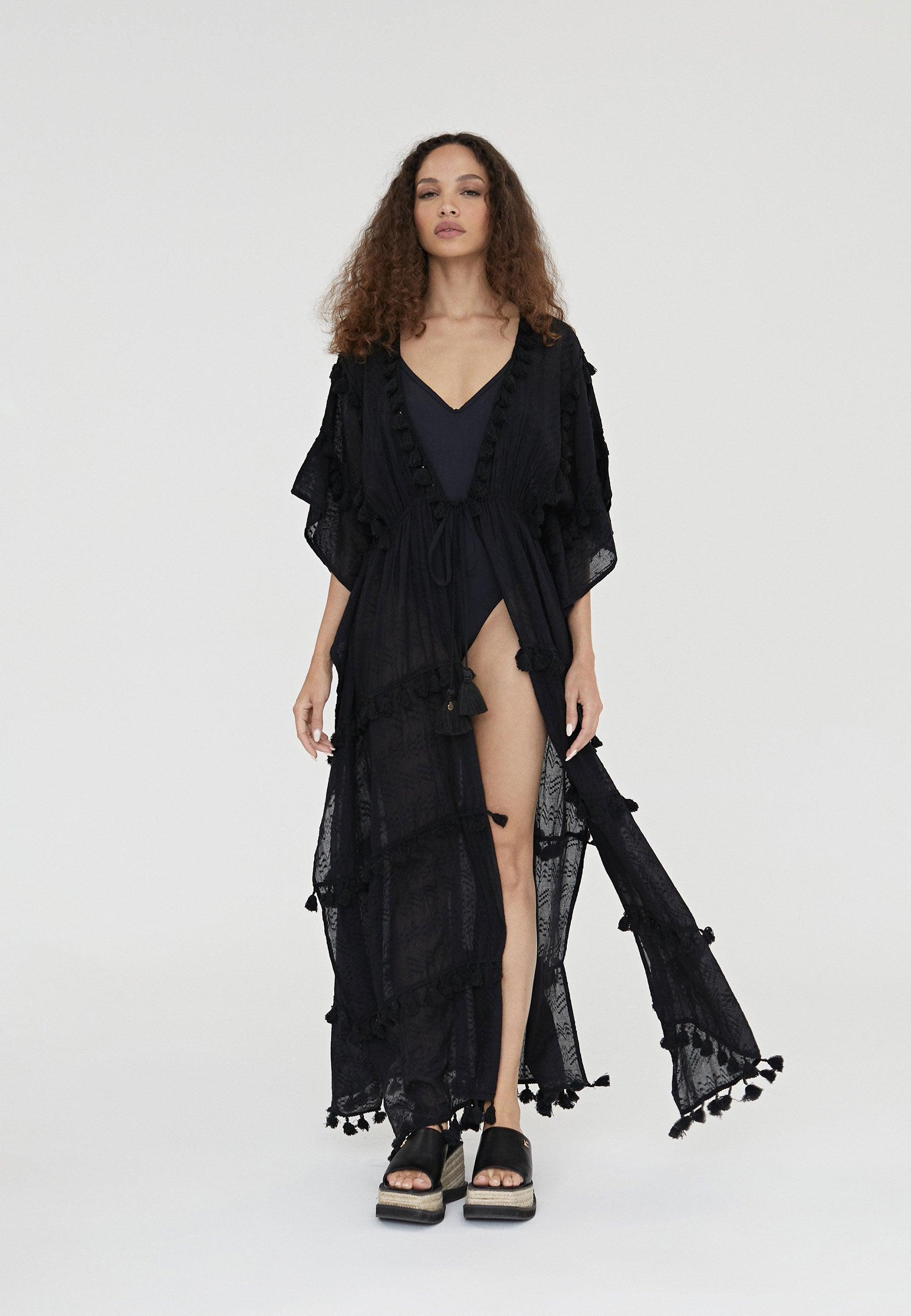 LS2416055-Black-Long caftan with pompoms