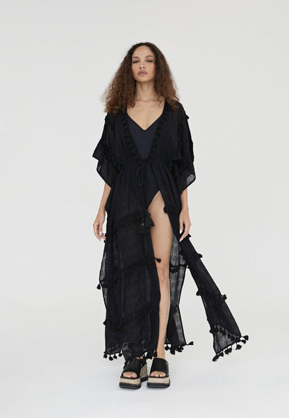 LS2416055-Black-Long caftan with pompoms