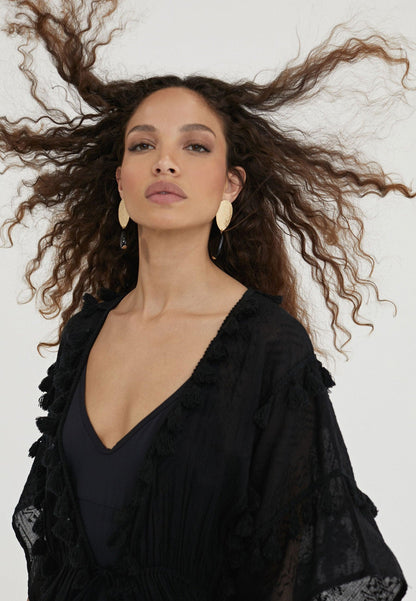 LS2416055-Black-Long caftan with pompoms