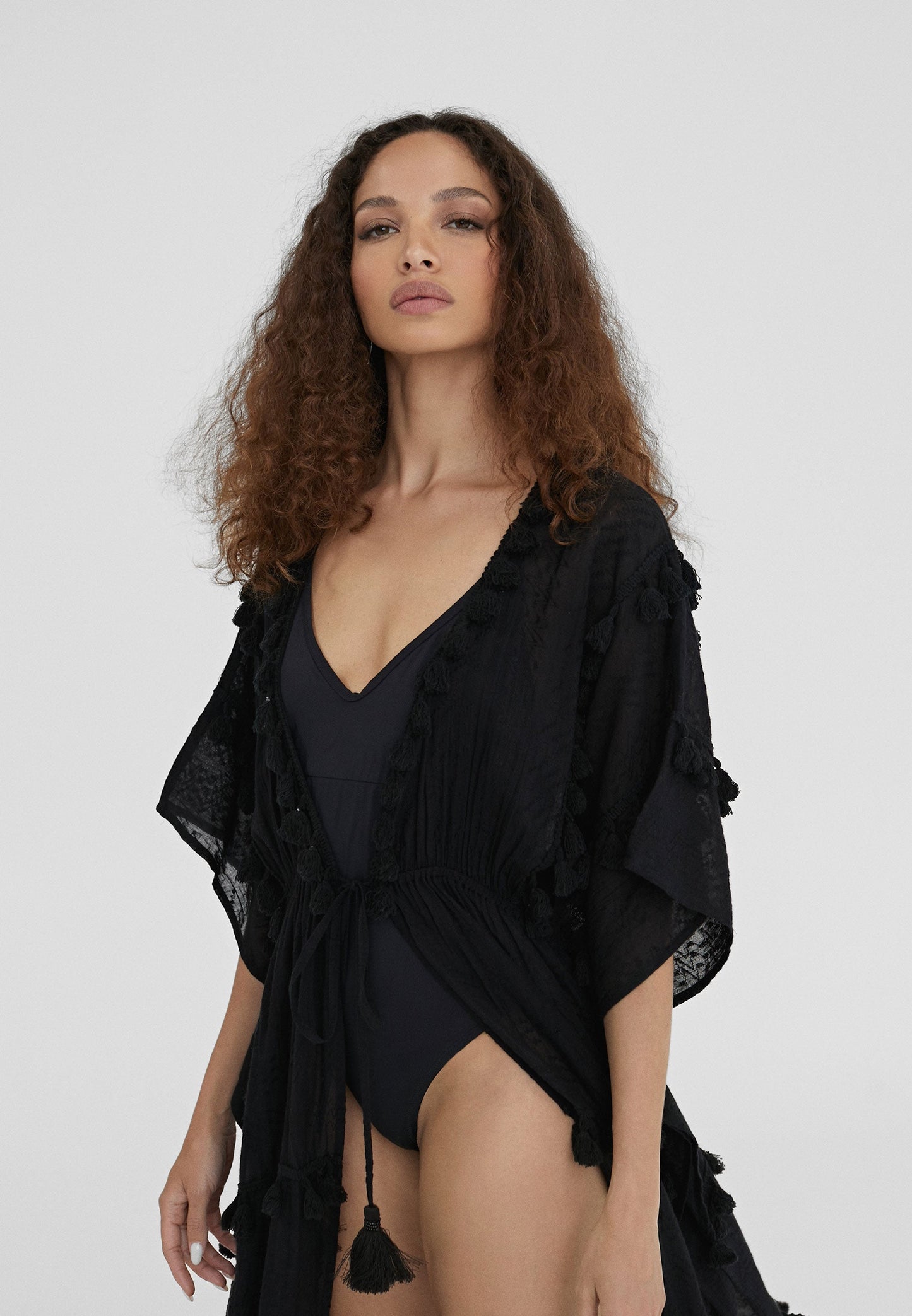 LS2416055-Black-Long caftan with pompoms