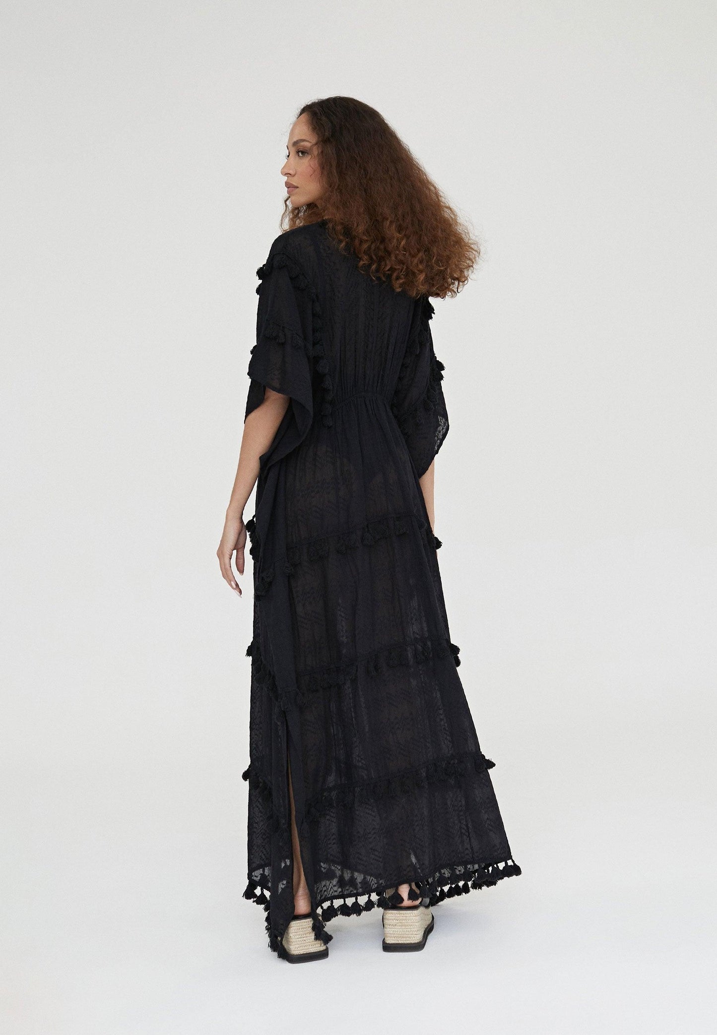 LS2416055-Black-Long caftan with pompoms