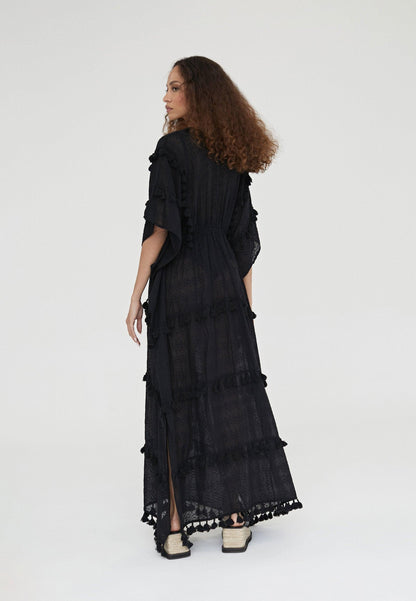 LS2416055-Black-Long caftan with pompoms