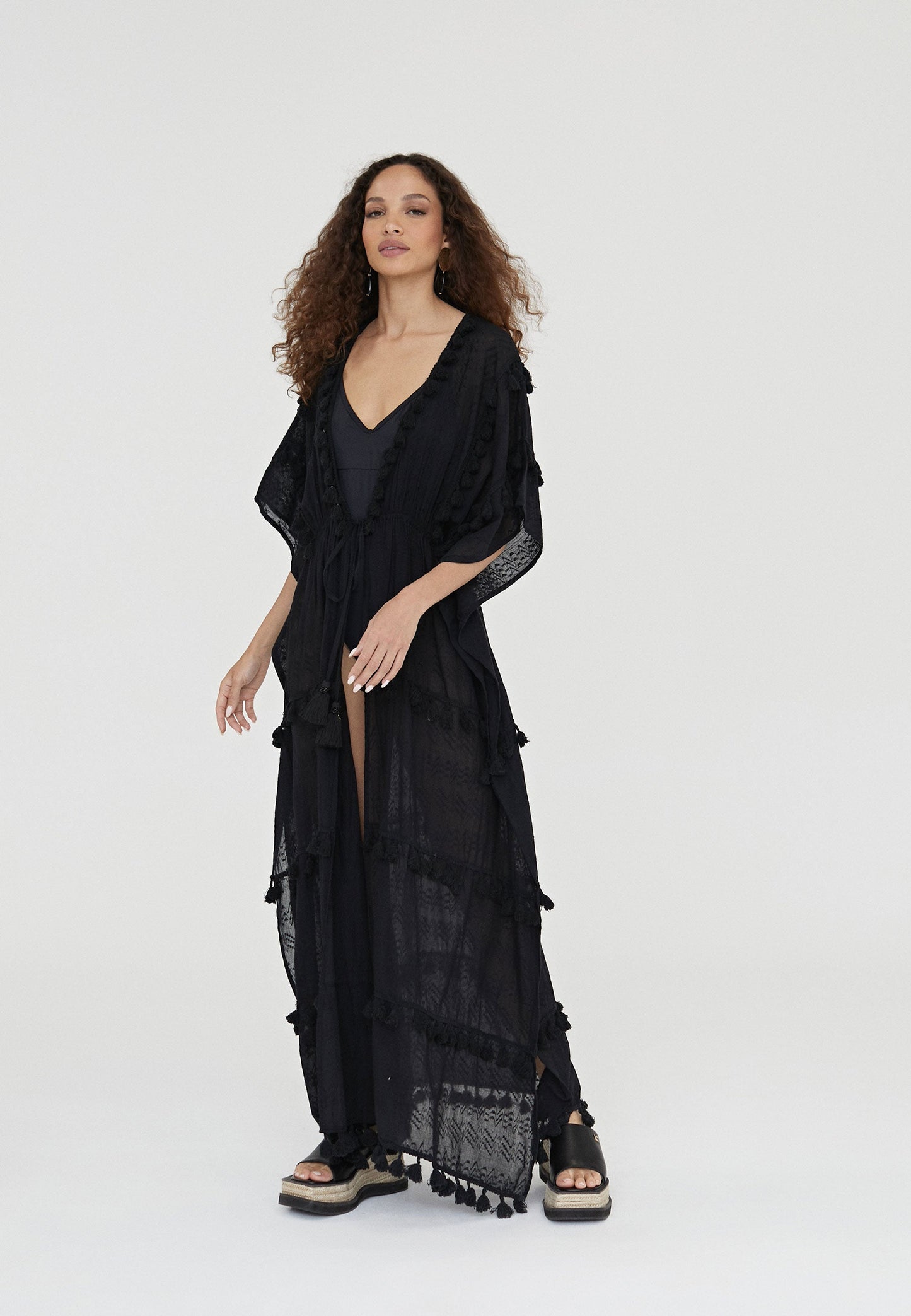 LS2416055-Black-Long caftan with pompoms