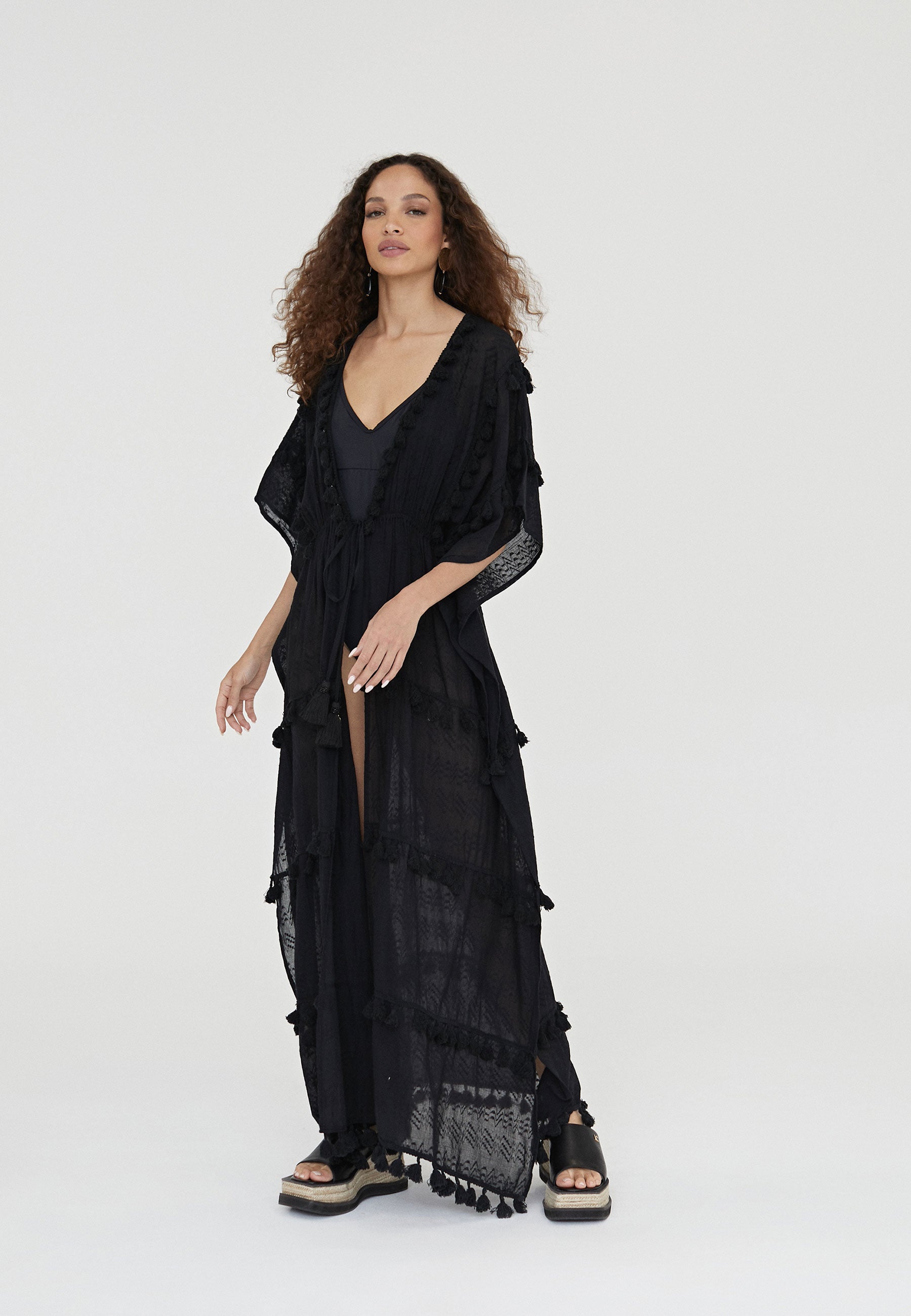 LS2416055-Black-Long caftan with pompoms