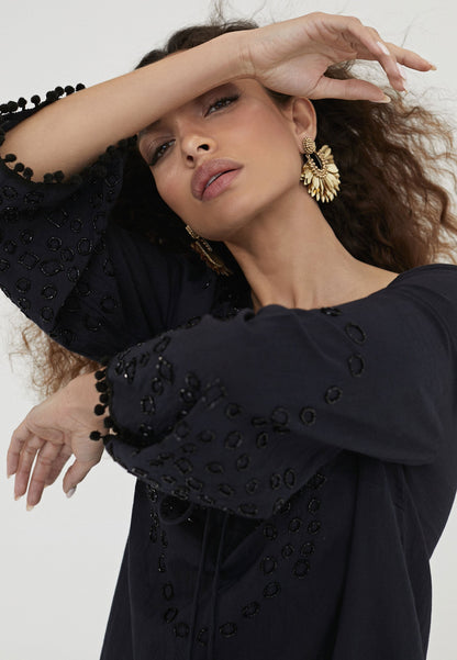 LS2416067-Black-Short embroidered caftan