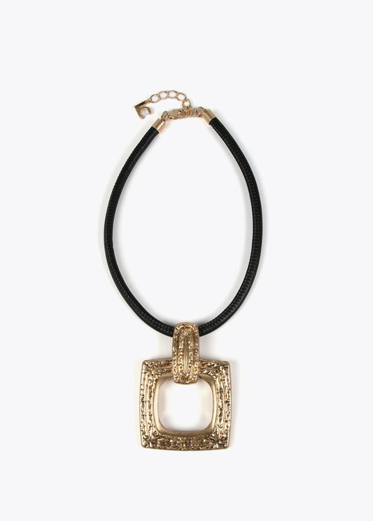 Gold-toned necklace with a black cord.