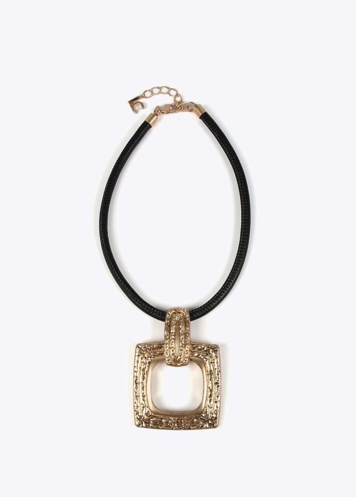 Gold-toned necklace with a black cord.