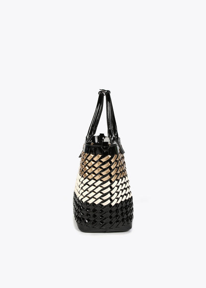 Woven faux patent tote bag