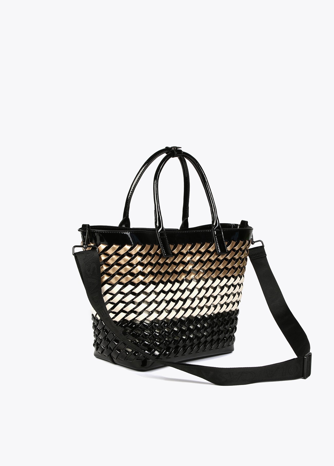 Woven faux patent tote bag
