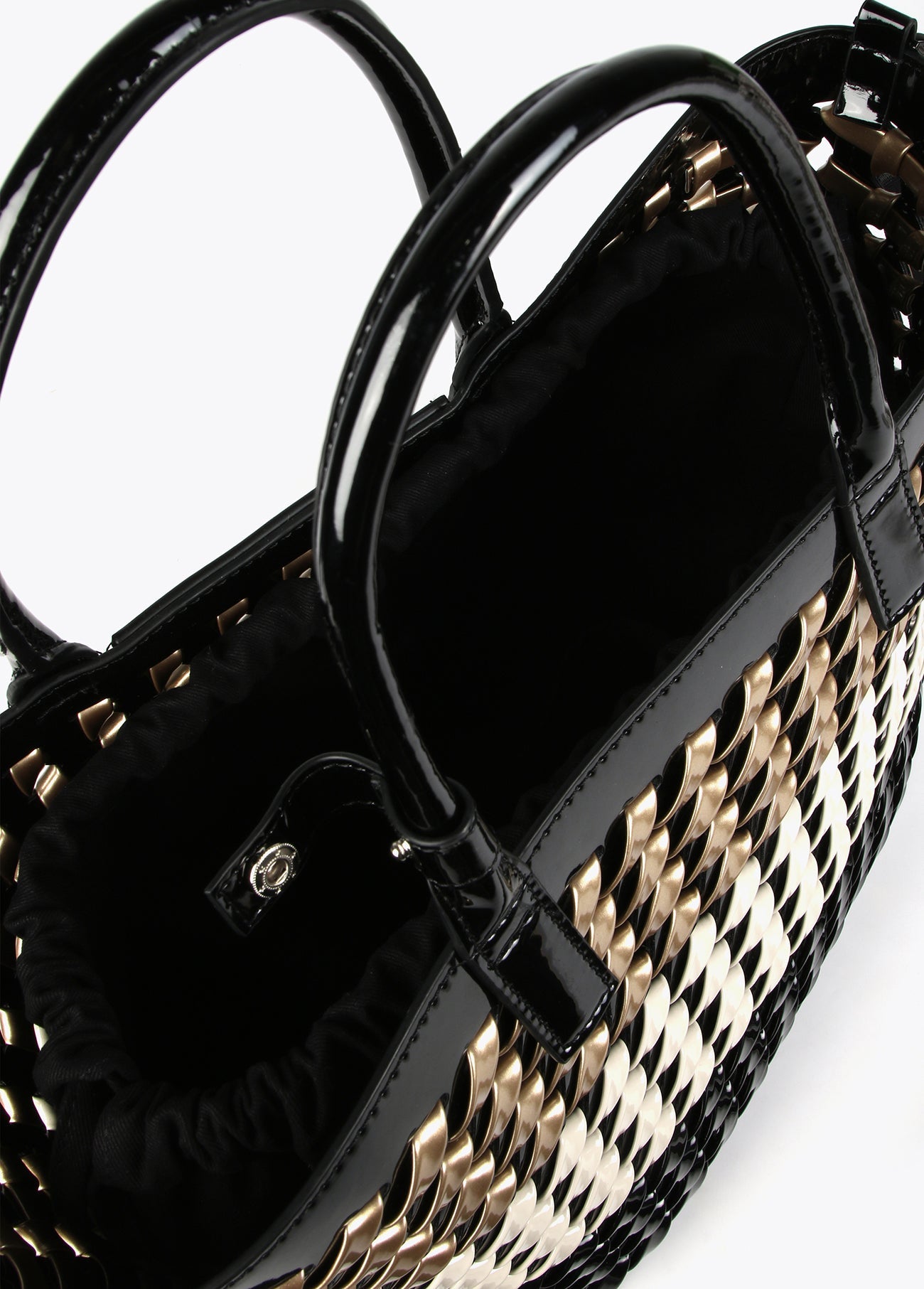 Woven faux patent tote bag