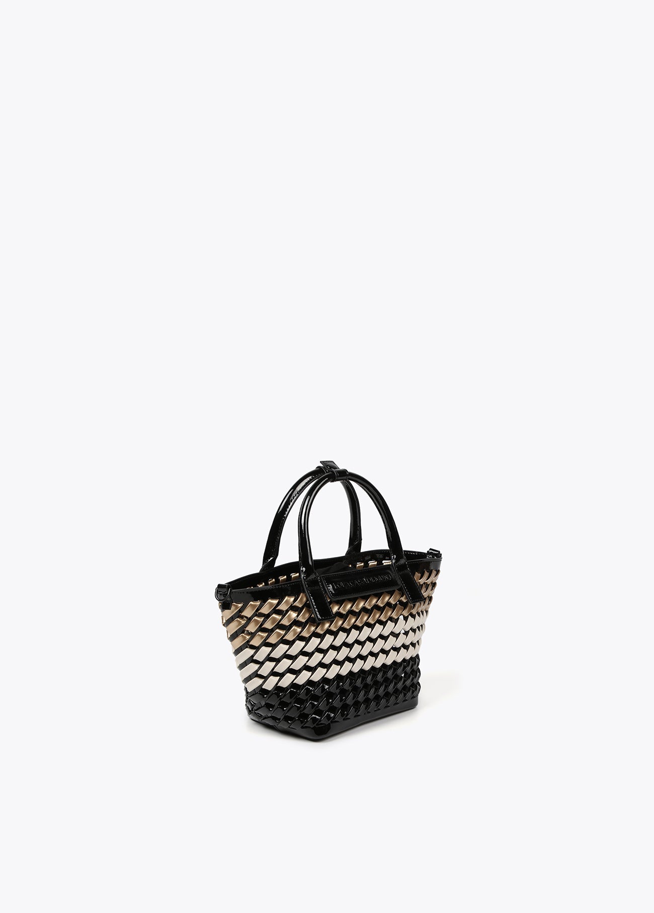 Woven faux patent mini tote bag