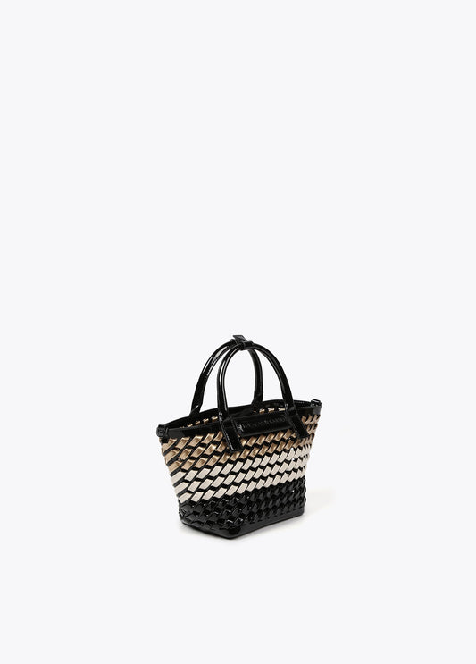 Woven faux patent mini tote bag