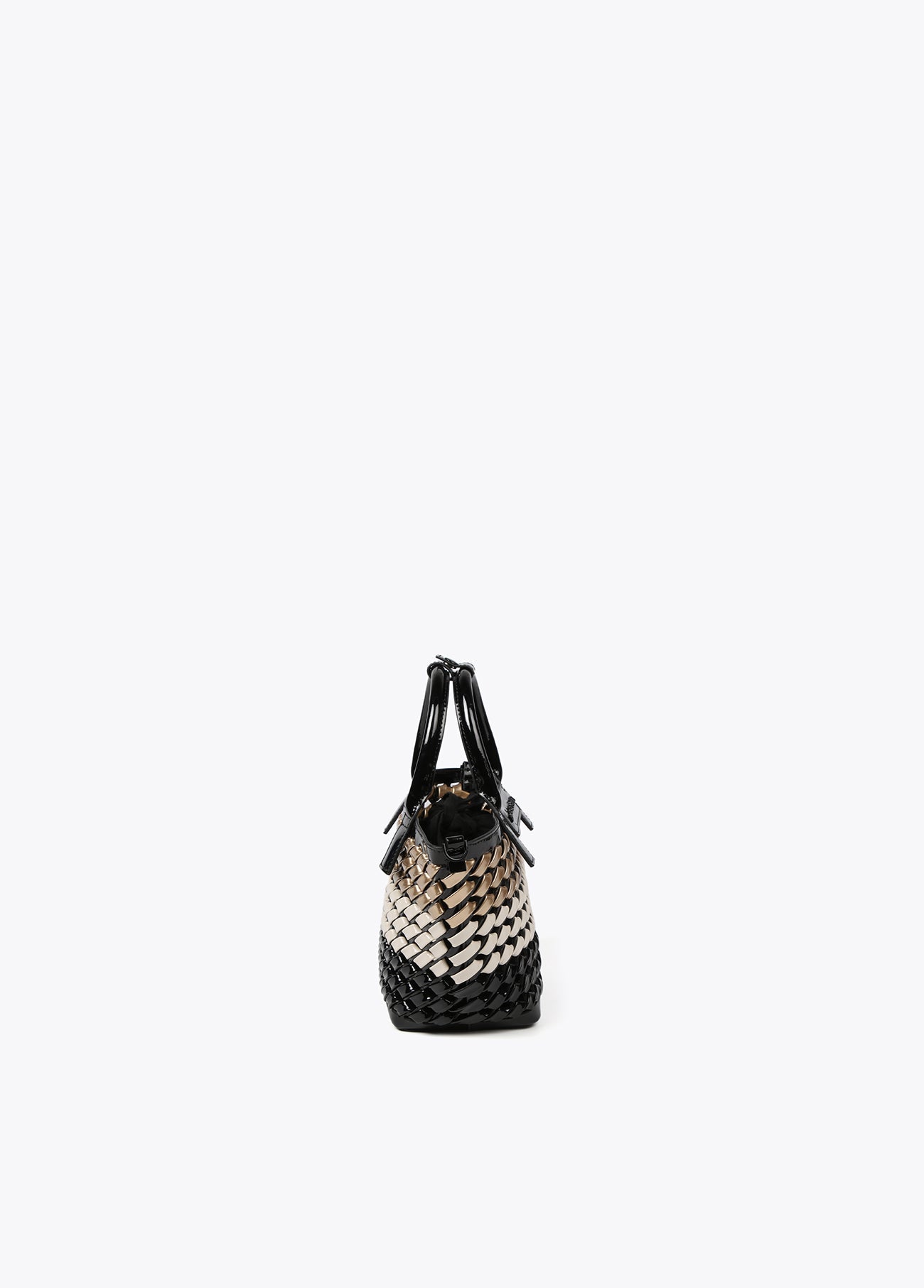 Woven faux patent mini tote bag