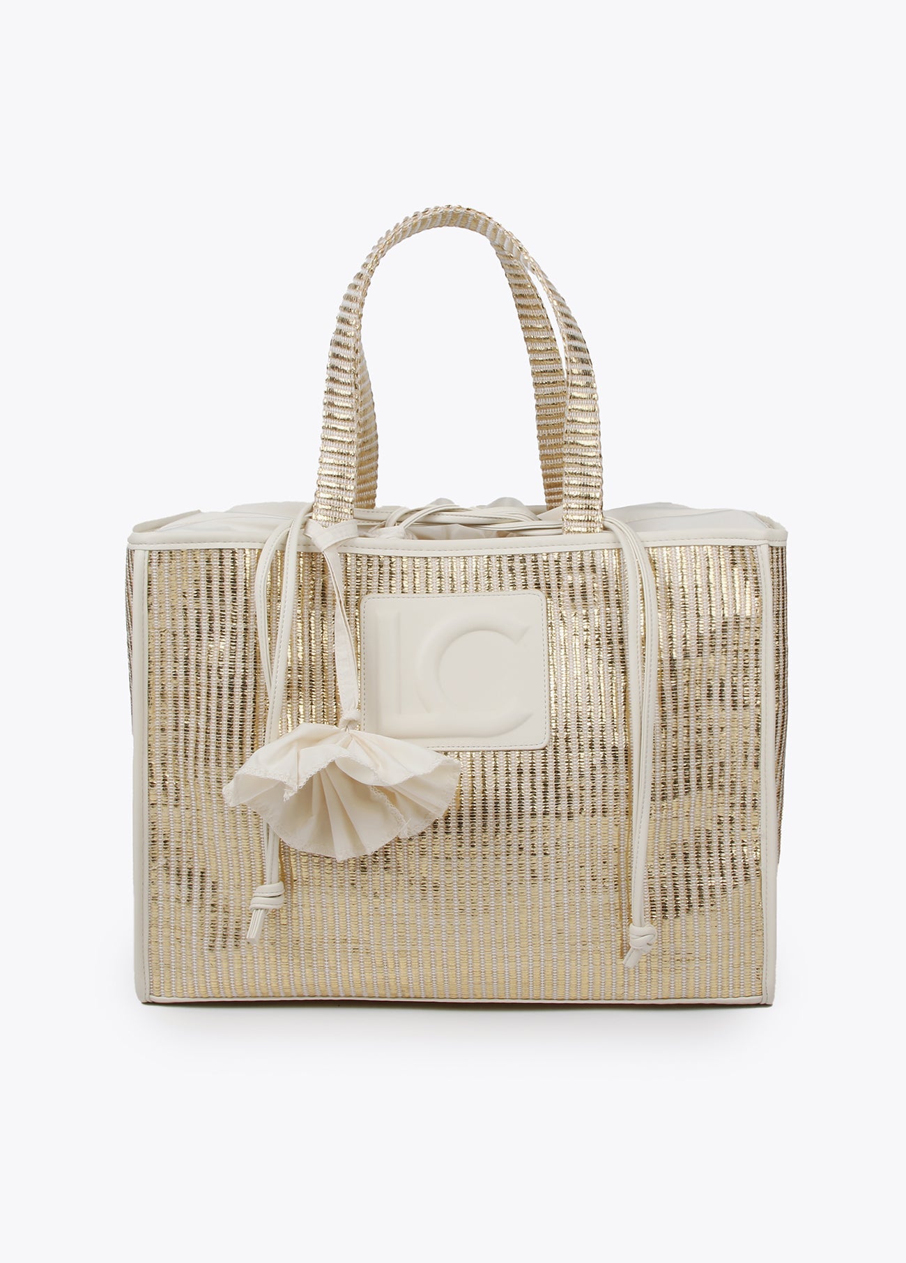 Large metallic raffia-effect tote bag