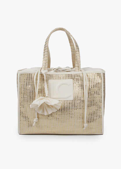 Large metallic raffia-effect tote bag