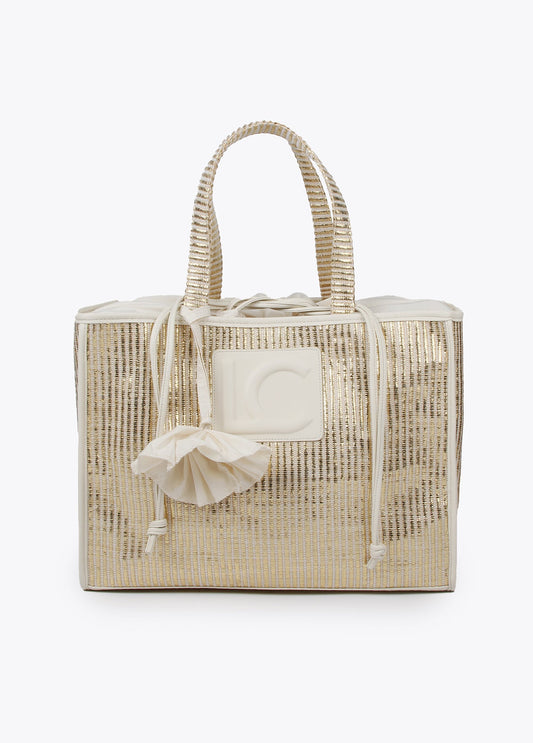 Large metallic raffia-effect tote bag