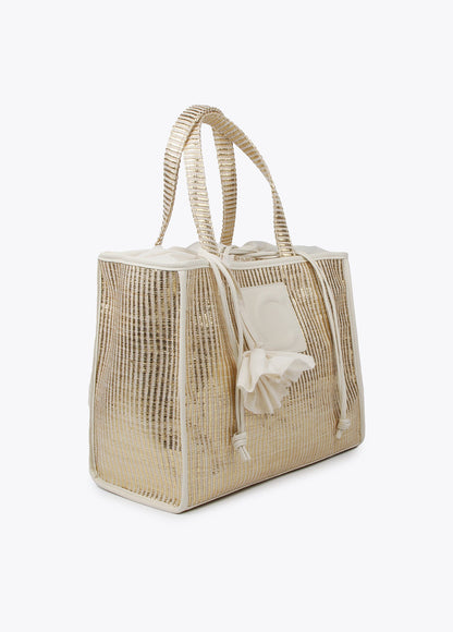 Large metallic raffia-effect tote bag