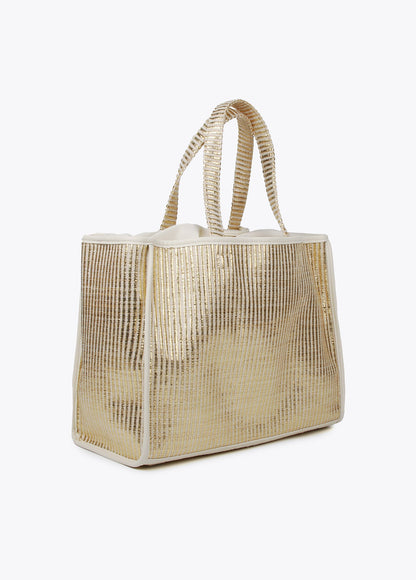Large metallic raffia-effect tote bag