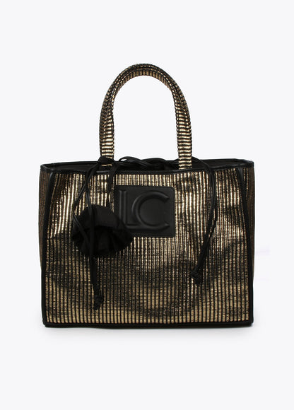 Large metallic raffia-effect tote bag